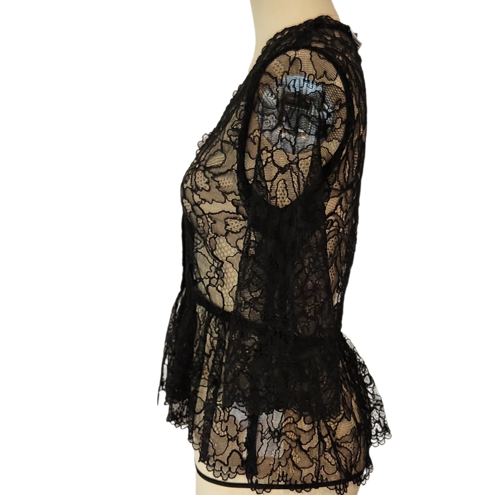 GANNI Light Floral Lace V-neck Sheer Peplum Top Black Blouse Ruffle 36 (US 4 S) - Picture 8 of 16